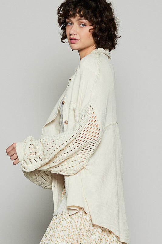 POL Crochet Patchwork Oversized Button-Up Blouse Long Sleeve High-low Gauze Shirt