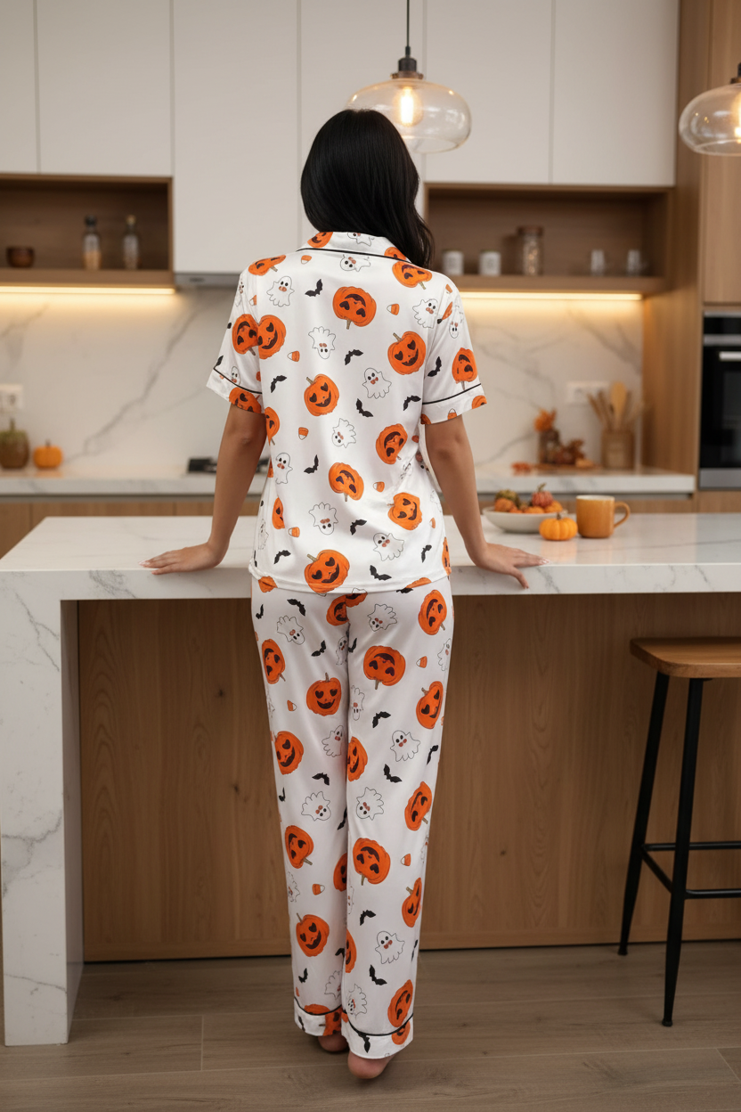 Pumpkin Ghost Button-Down Short Sleeve Set Lounge Pants Matching Halloween Pajamas