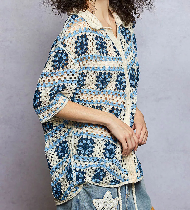POL Granny Square Crochet Collared Shirt Button-up Retro Contrast Openwork Top Blue