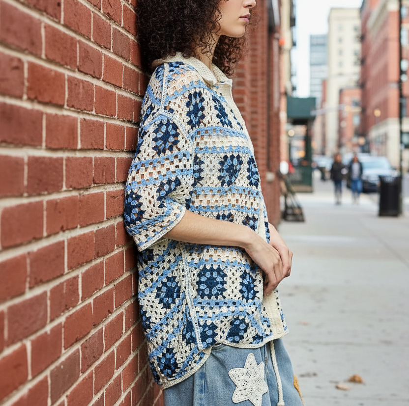 POL Granny Square Crochet Collared Shirt Button-up Retro Contrast Openwork Top Blue