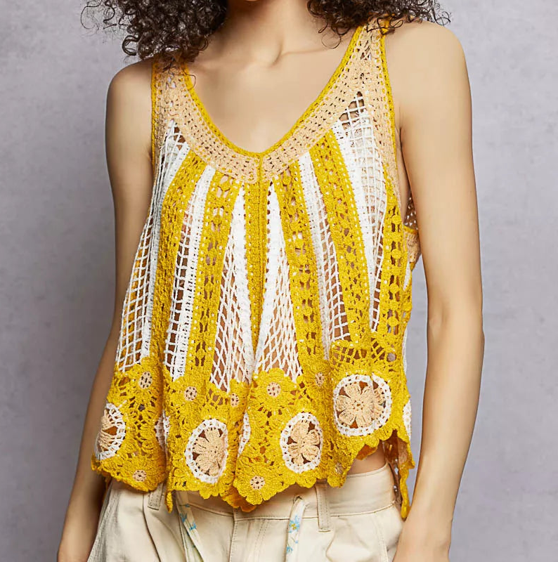POL Crochet Openwork Knit V-Neck Boho Shirt Sleeveless Tank Top Scalloped Hem Yellow