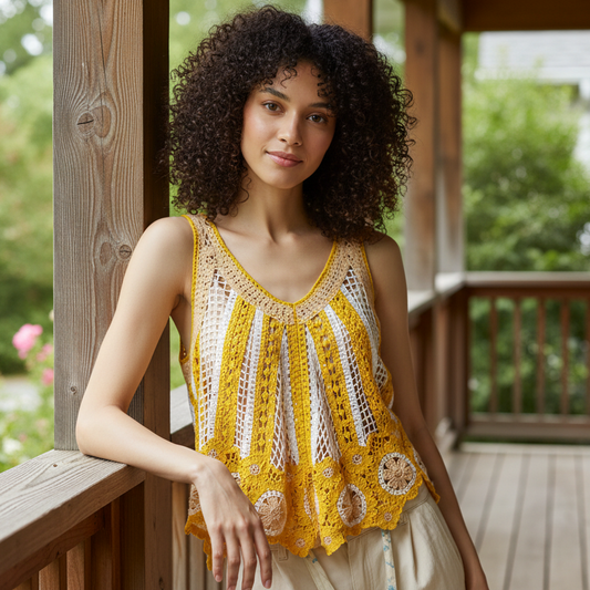 POL Crochet Openwork Knit V-Neck Boho Shirt Sleeveless Tank Top Scalloped Hem Yellow