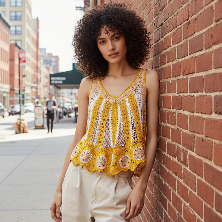 POL Crochet Openwork Knit V-Neck Boho Shirt Sleeveless Tank Top Scalloped Hem Yellow