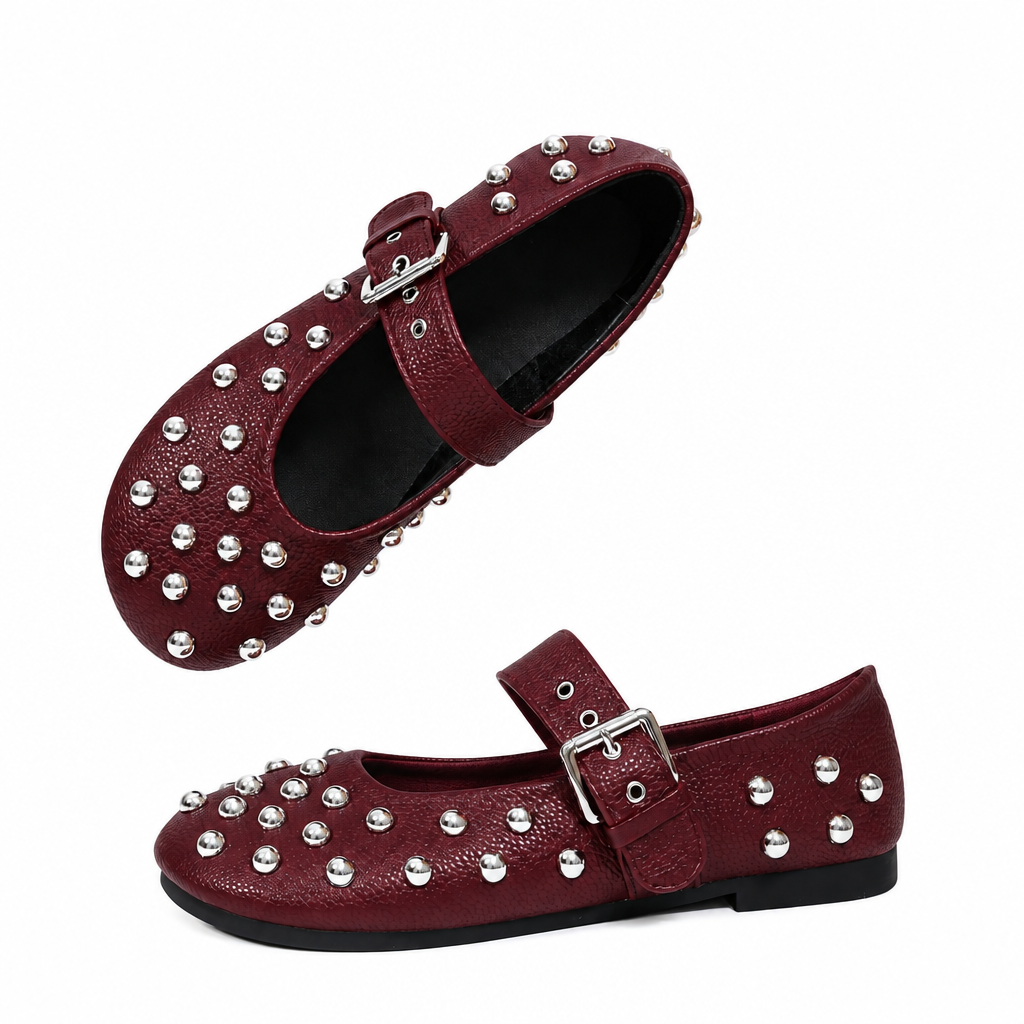 Studded Mary Jane Ballet Flats Faux Pebble Leather Round Toe Buckle Strap Shoes
