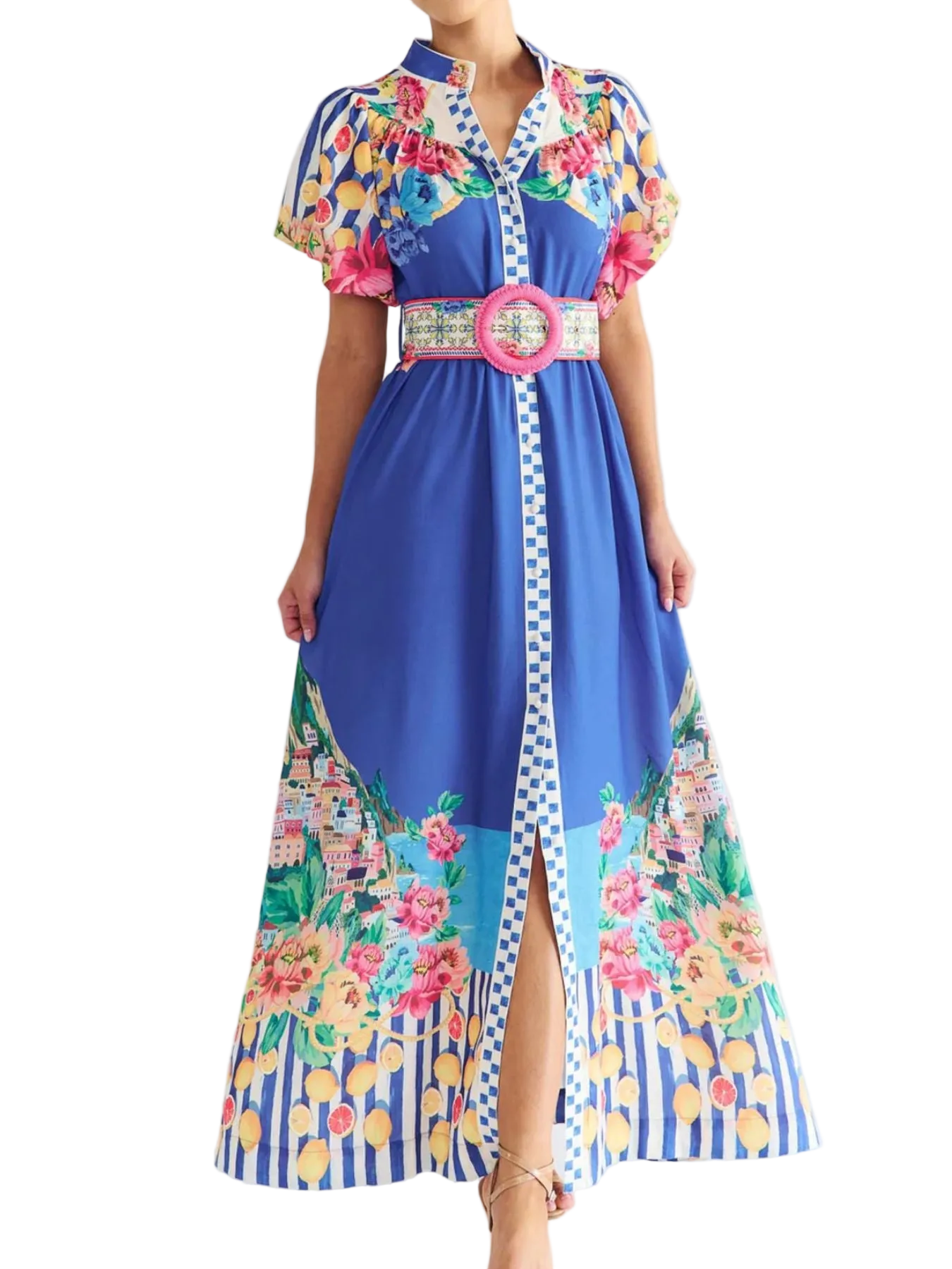 Garden Floral Button-Up Mock Neck Puff Sleeve Wide Belt Slit Front Maxi Dress