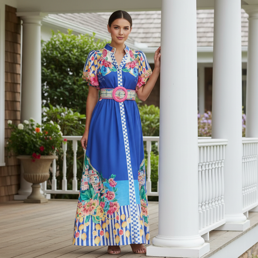 Garden Floral Button-Up Mock Neck Puff Sleeve Wide Belt Slit Front Maxi Dress