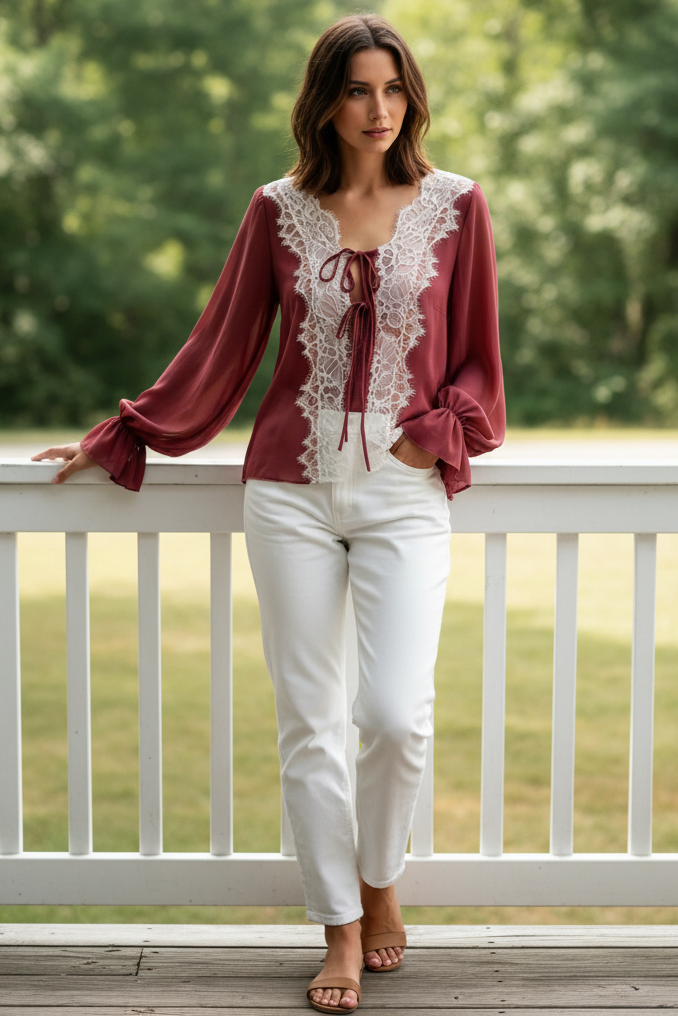Bow Tie Front Sheer Chiffon Blouce Lace Trim Baloon Flounced Bell Cuff Sleeve