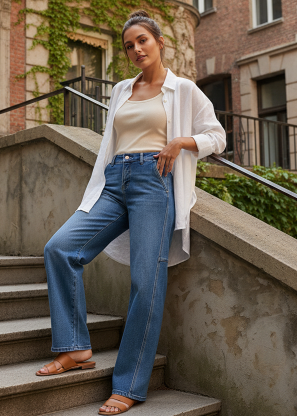 Risen High-Rise Barrel Leg Baggy Relaxed Pants Flat Front Slant Pocket Denim Jeans