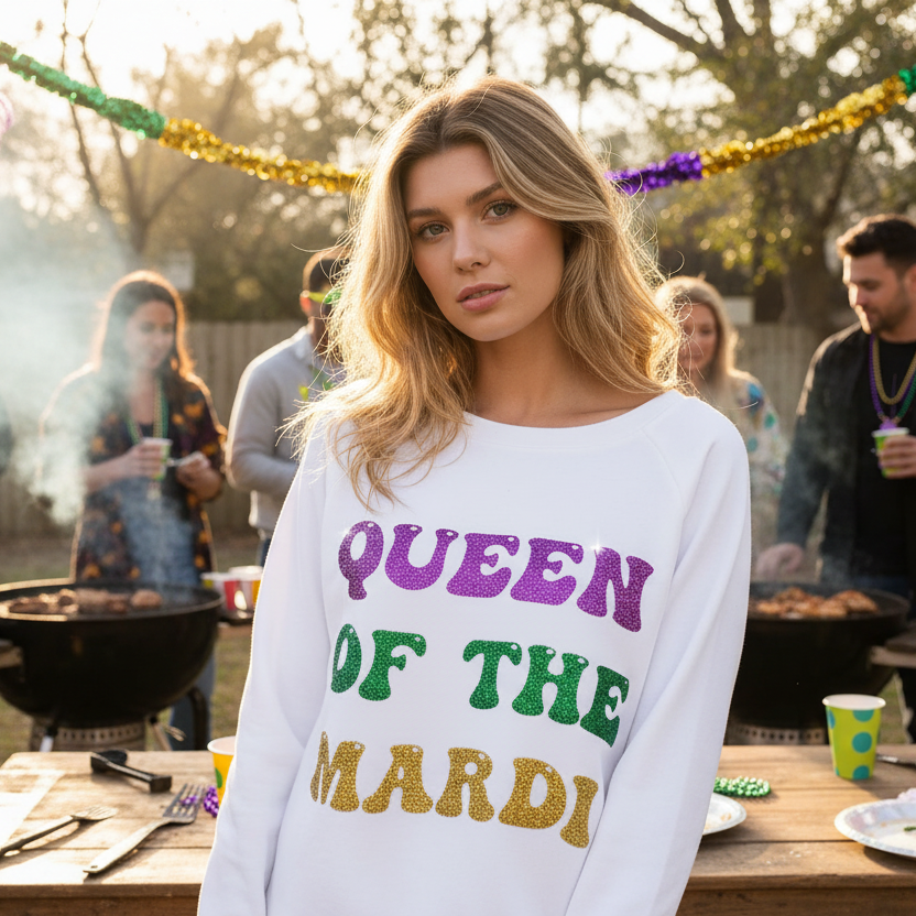 BiBi Sparkling Glitter Queen Of Mardi Cotton Sweatshirt Mardi Gras Pullover Top Off-white