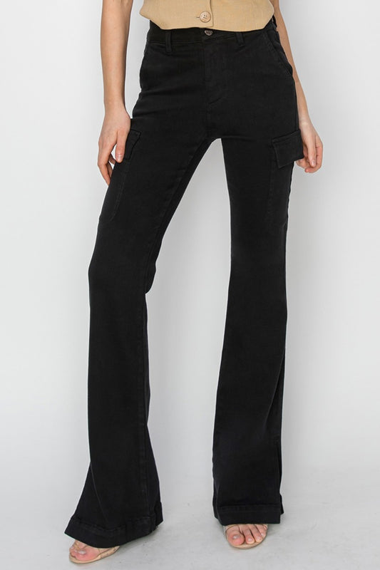 RISEN Cargo Pockets High-Rise Waist Split Hem Bootcut Black Denim Pants Jean