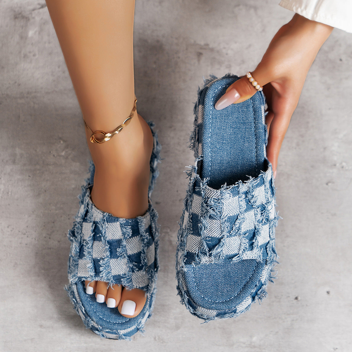 Frayed Denim Platform Sandals Distressed Checker Fringe Slip-on Boho Open-toe Grunge