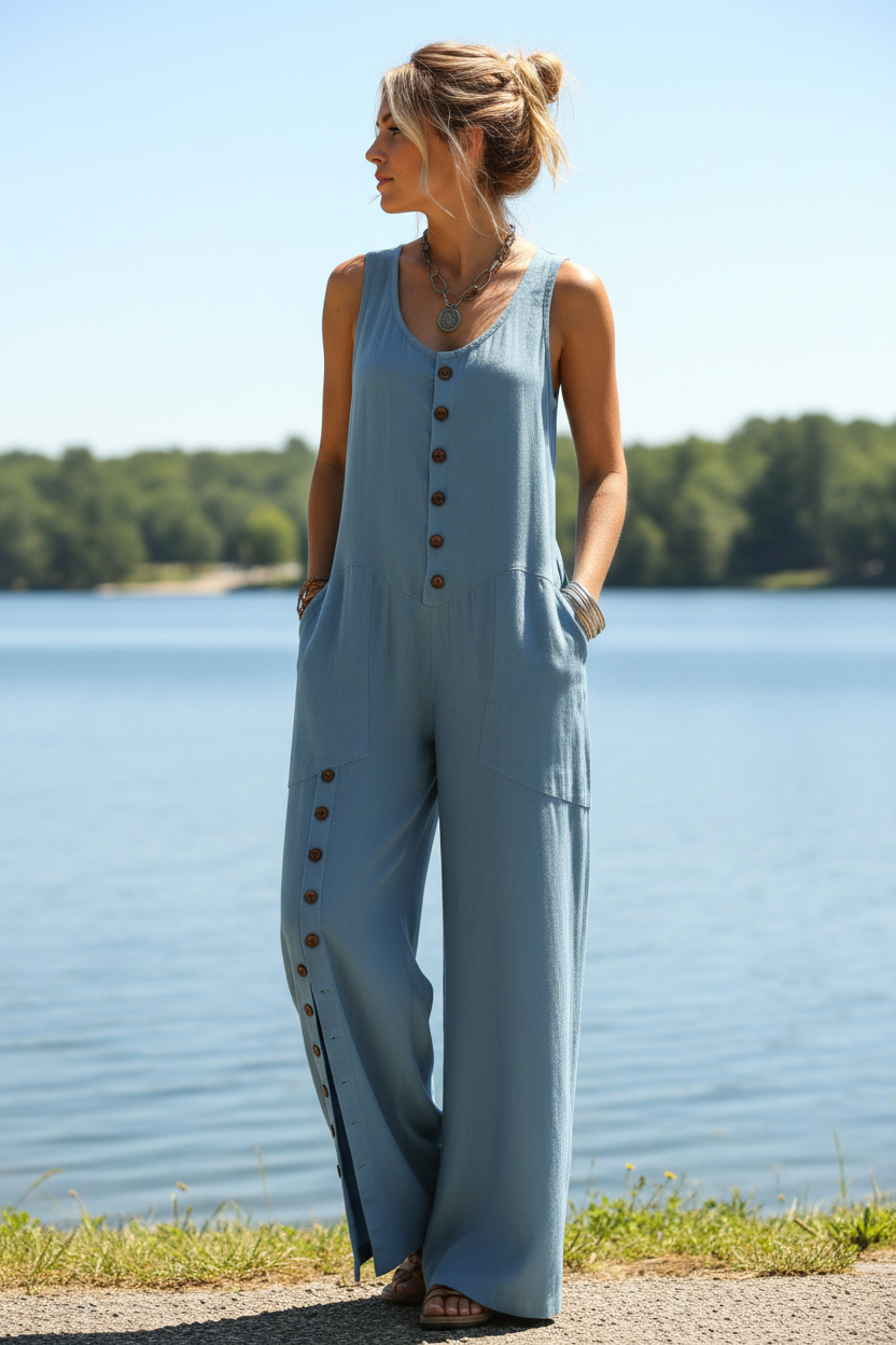 Baggy Button Up Patch Pocket Scoop Neck One-Piece Split Wide Leg Pant Jumpsuit