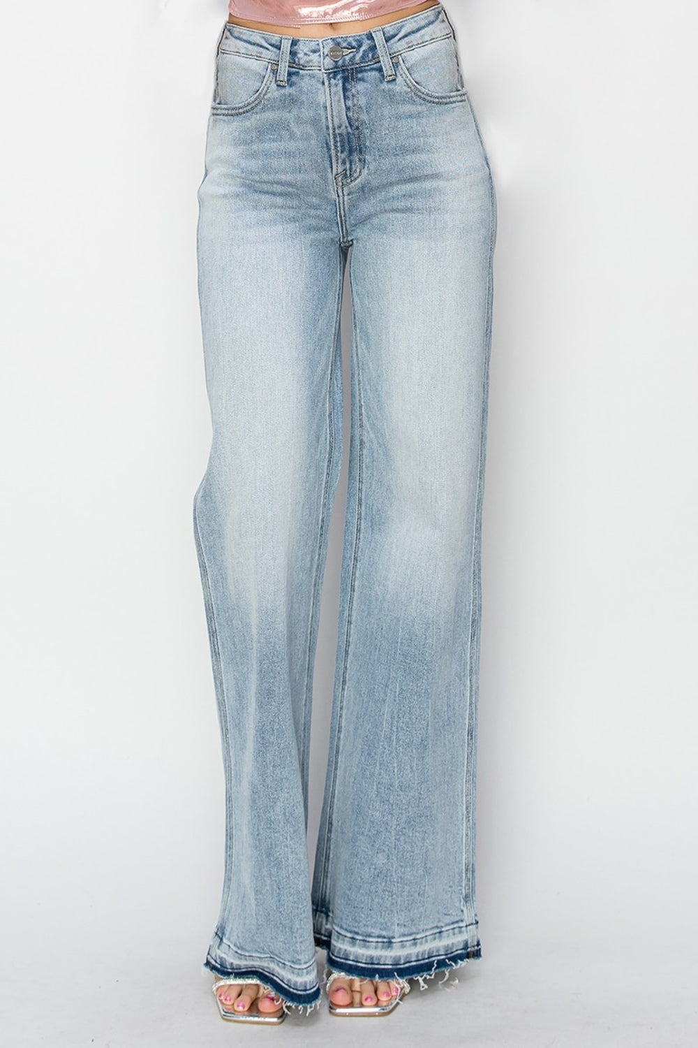 RISEN High-Rise Wide Leg Pants Distressed Contrasting Hem Boyfriend Jeans Denim