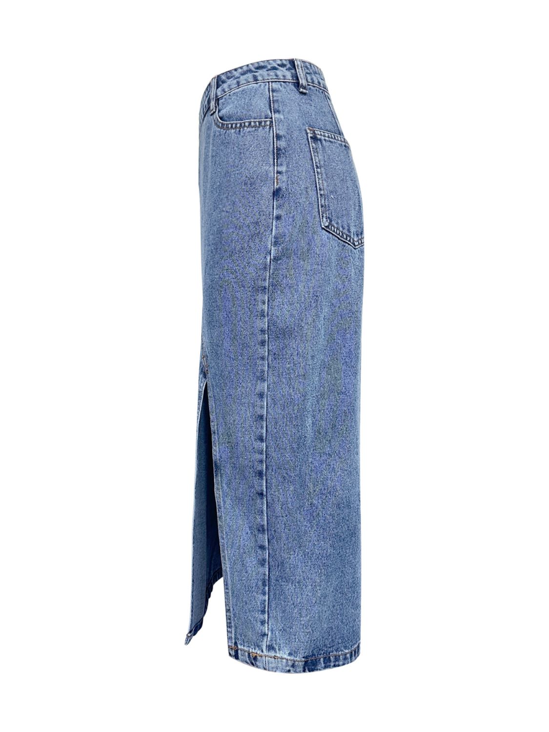 Asymmetrical High-Rise Waist Side Slit Bent Seam Denim Retro Blue Jean Midi Skirt