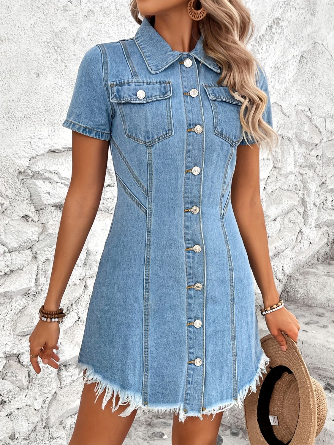 Denim Short Sleeve Button Front Minimalist Blue Jean Distressed Mini Shirt Dress