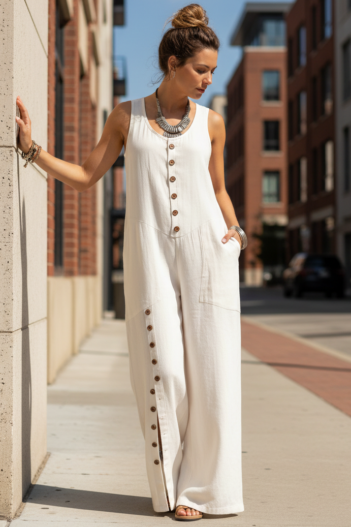 Baggy Button Up Patch Pocket Scoop Neck One-Piece Split Wide Leg Pant Jumpsuit