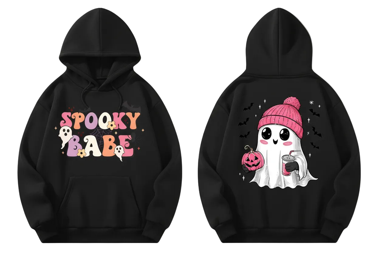 Spooky Babe Cute Ghost Kangaroo Pocket Oversized Halloween Pullover Hoodie