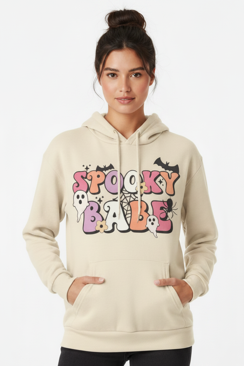 Spooky Babe Cute Ghost Kangaroo Pocket Oversized Halloween Pullover Hoodie