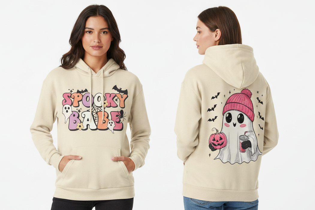 Spooky Babe Cute Ghost Kangaroo Pocket Oversized Halloween Pullover Hoodie
