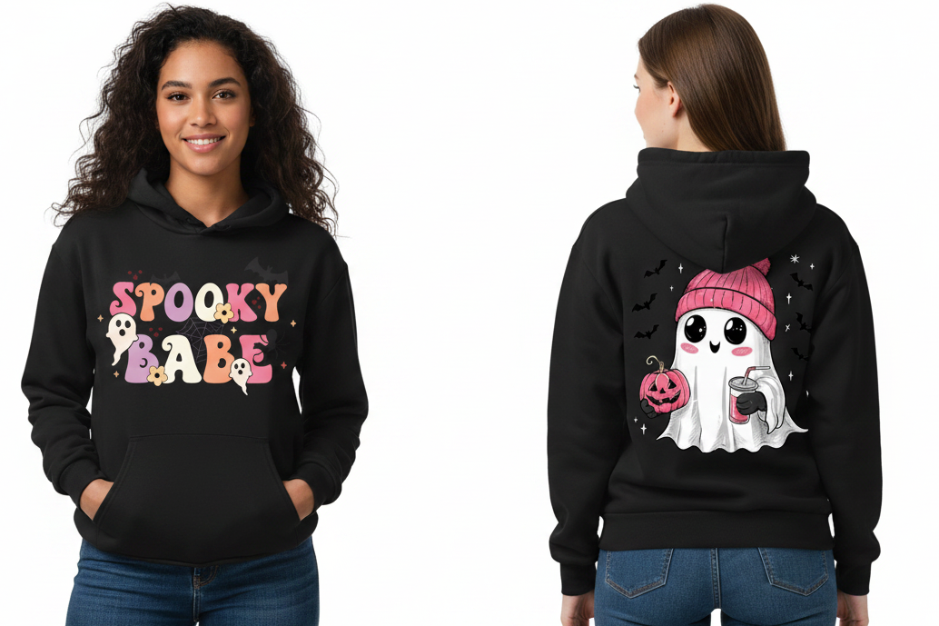 Spooky Babe Cute Ghost Kangaroo Pocket Oversized Halloween Pullover Hoodie