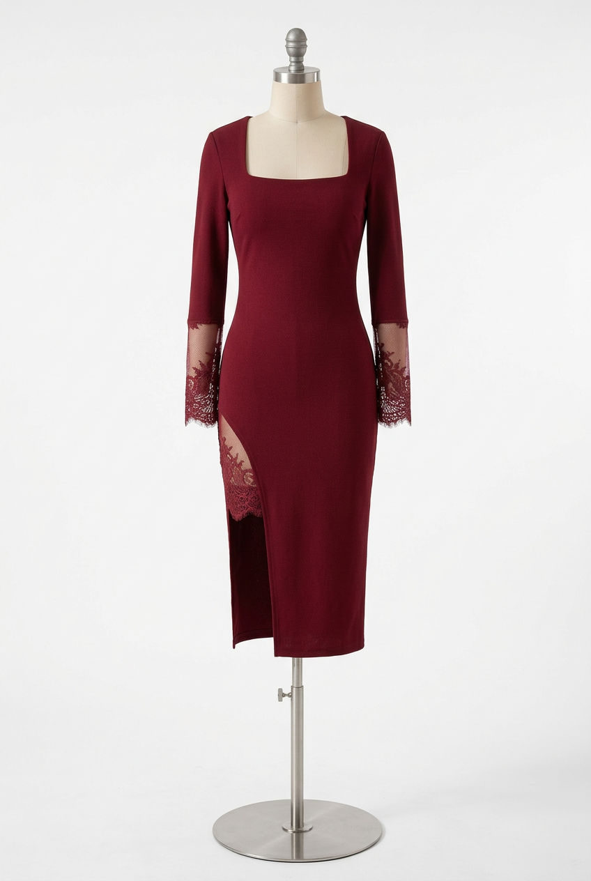 Square Neck Bodycon Floral Lace High Side Slit Sheer Pencil Long Sleeve Midi Dress