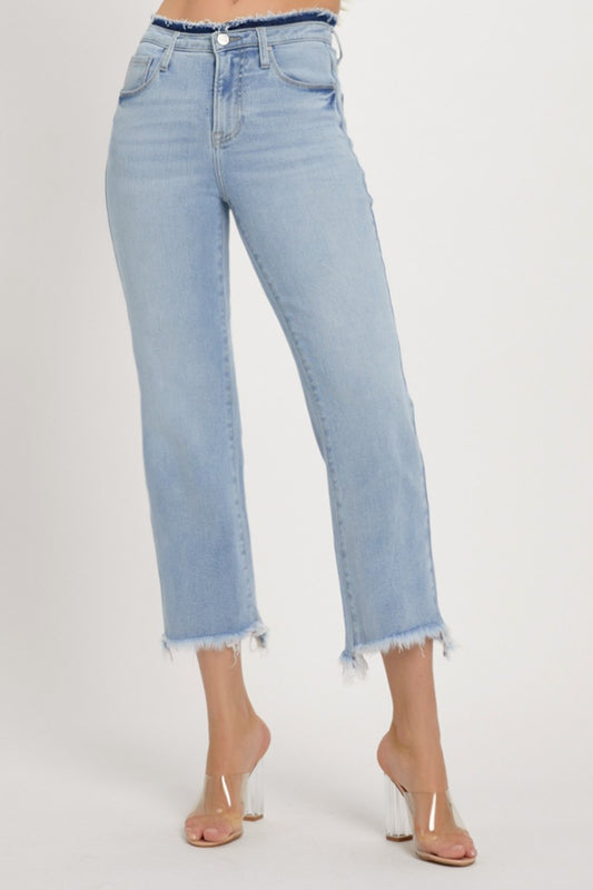 RISEN Slim High-Rise Waist Jeans Distressed Torn Cut-Off Cropped Denim Pants