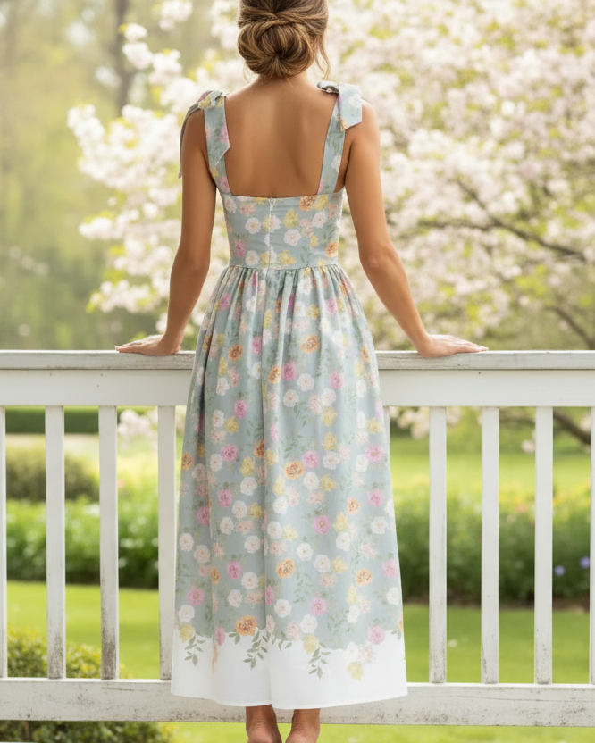 Floral Bow Tie Shoulder Ruched Waist Square Neck Midi Dress
