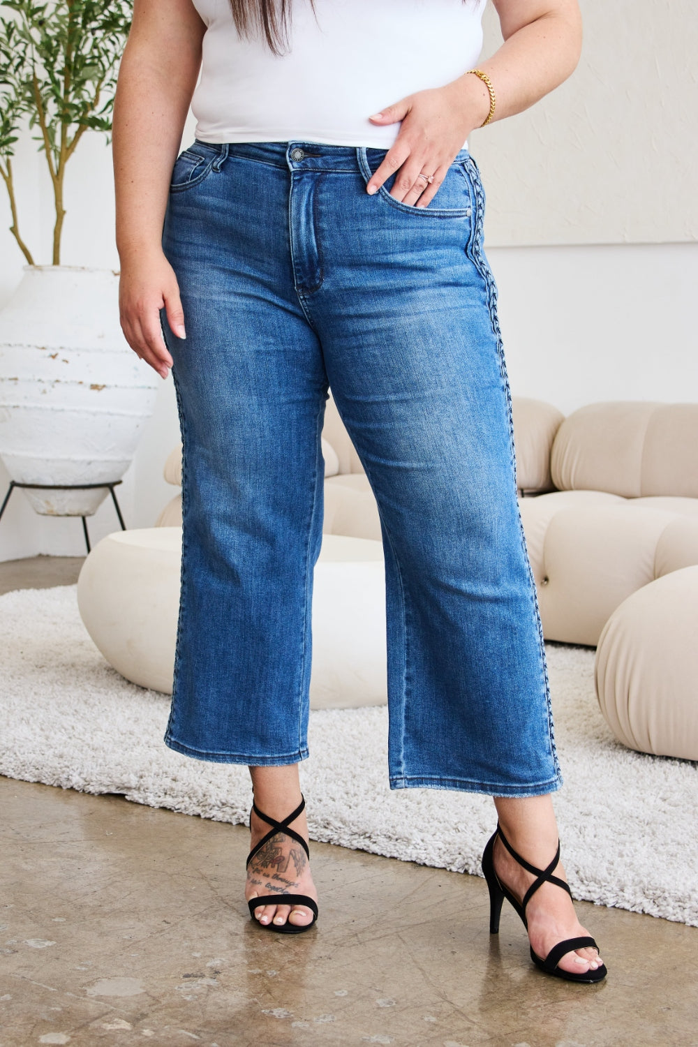 Braided High-Rise Wide Leg Cropped Hem Denim Jean Pants Judy Blue