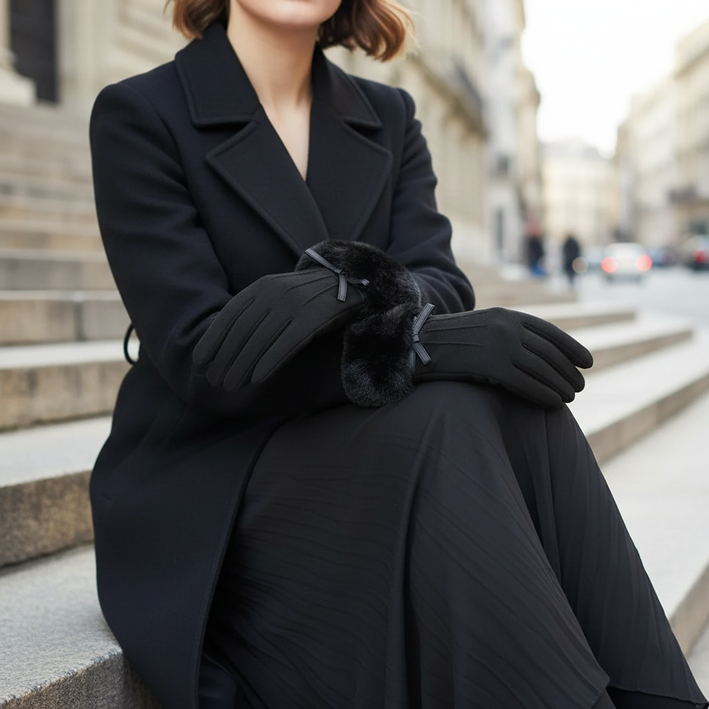 Bow Touch Screen Embroidered Faux Fur Cuff Suede Gloves Winter Accessory