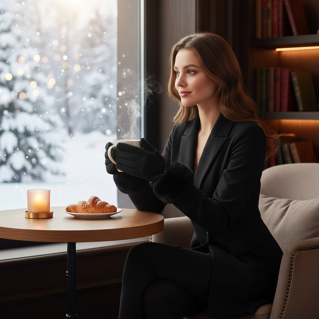 Bow Touch Screen Embroidered Faux Fur Cuff Suede Gloves Winter Accessory