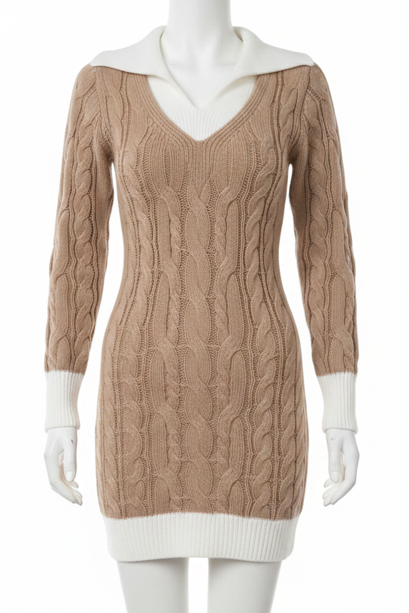 Cable Knit Contrast Oversized Collar Sweater Dress V-Neck Long Sleeve Mini Dress