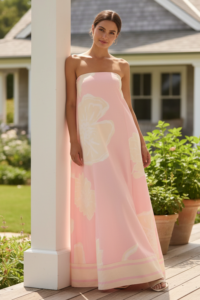 Strapless Column Tube Dress Smocked Backless Long Maxi