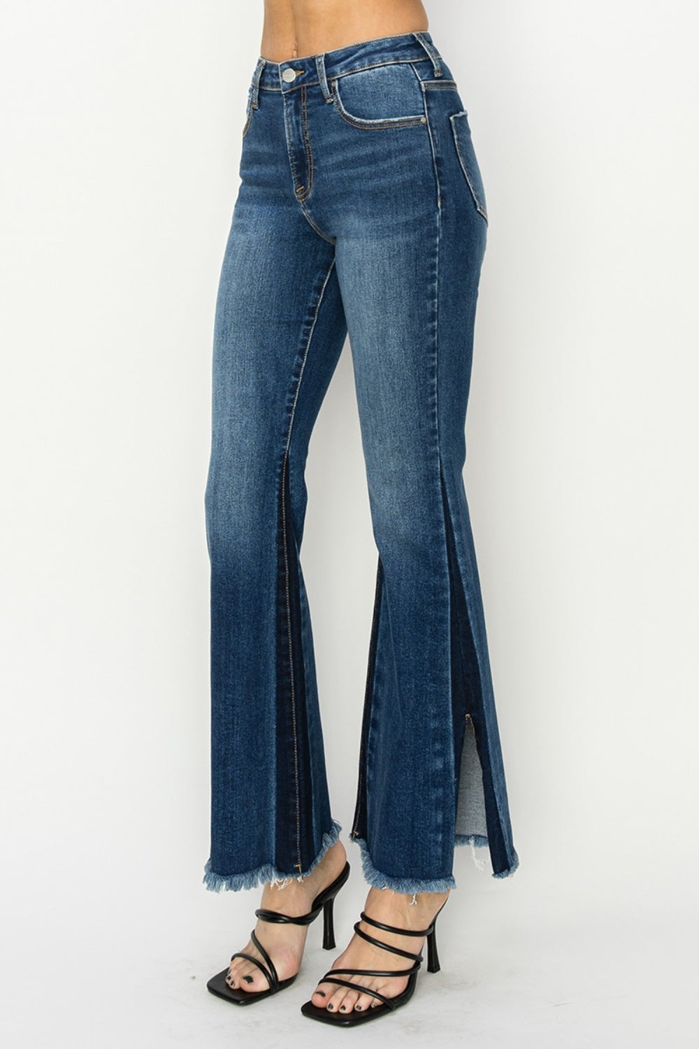 RISEN Split Raw Bell Bottom Ultra High-Rise Retro Flare Denim Skinny Jean Pants