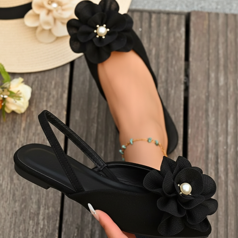 Pearl Flower Pointed Toe d'Orsay Slingback Flats Slip-On Dramatic Ballet Shoes