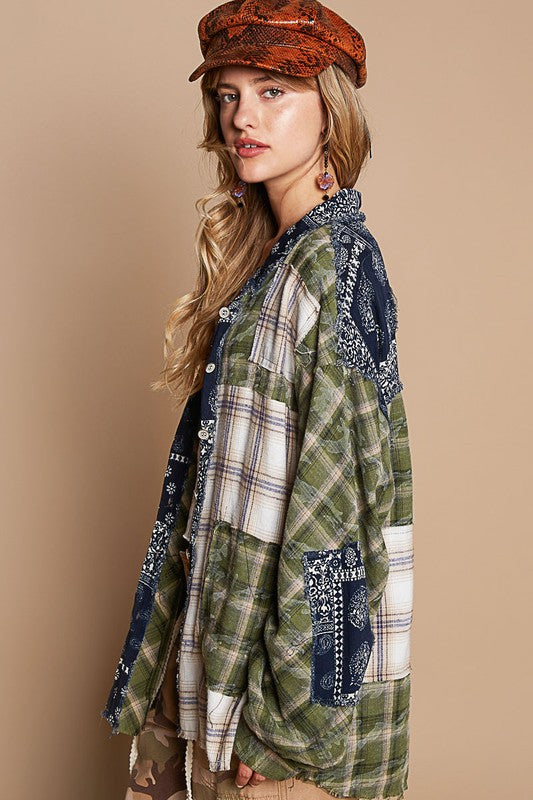 POL Shacket Floral Plaid Patchwork Oversized Long Sleeve Button-Up Shirt Jacket