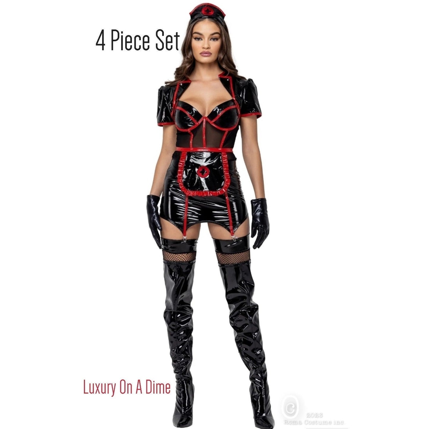 Dark Naughty Nurse 4-Piece Retro Adult Women Costume Cosplay Punk Goth Lingerie