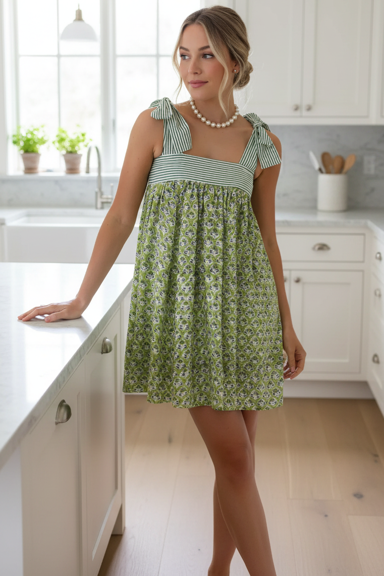 Retro Floral Oversized Bow Tie Shoulder Square Neck Girly Babydoll Mini Dress
