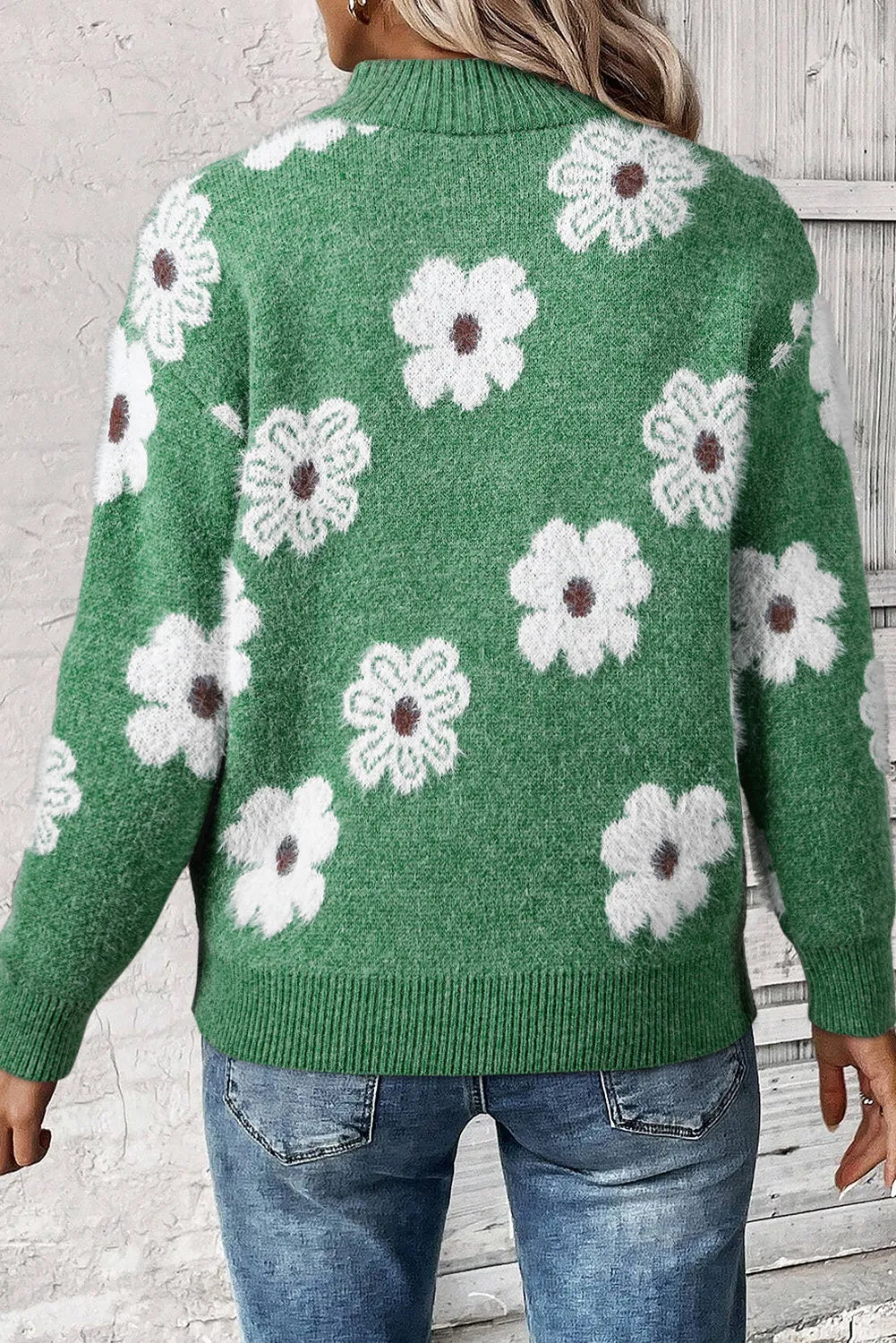 Fuzzy Half-Zip Pullover Daisy Retro Flower Top Eyelash Knit Henley Neck Sweater Shirt