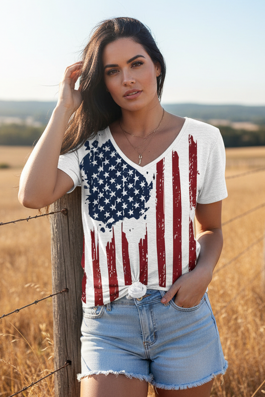Rustic American Flag V-Neck Retro Short Sleeve Shirt USA Patriotic Top Graphic Tee