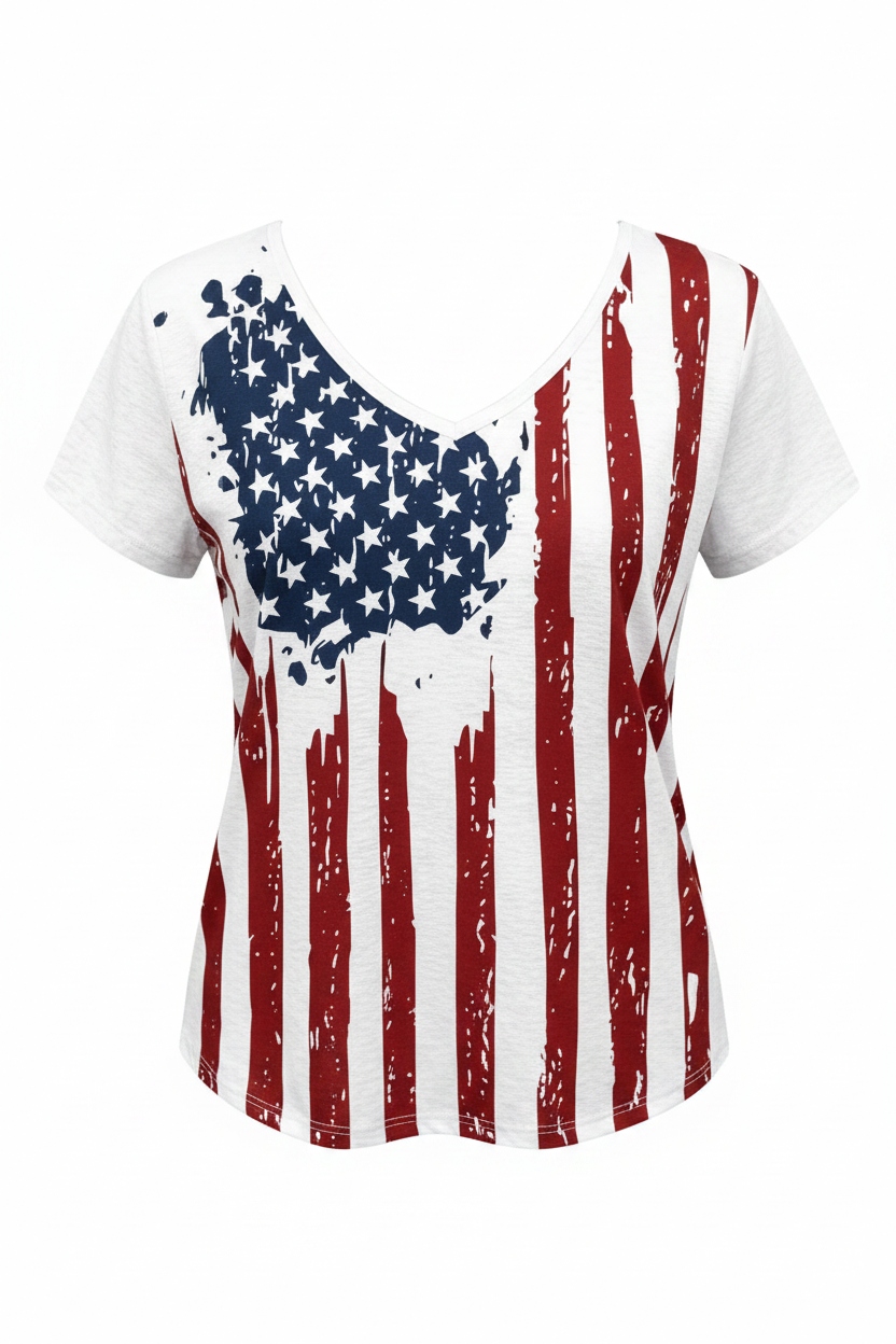Rustic American Flag V-Neck Retro Short Sleeve Shirt USA Patriotic Top Graphic Tee