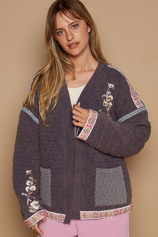 POL Quilted Granny Floral Embroidered Patchwork Oversized Pocket Bohemian Jacket