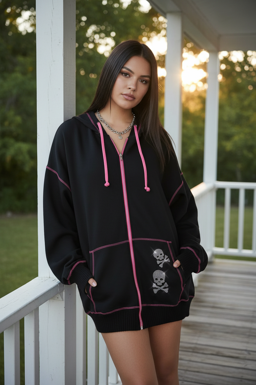 Oversized Skull Skeleton Zip-Up Contrast Stitching Hoodie Front Pocket Jacket