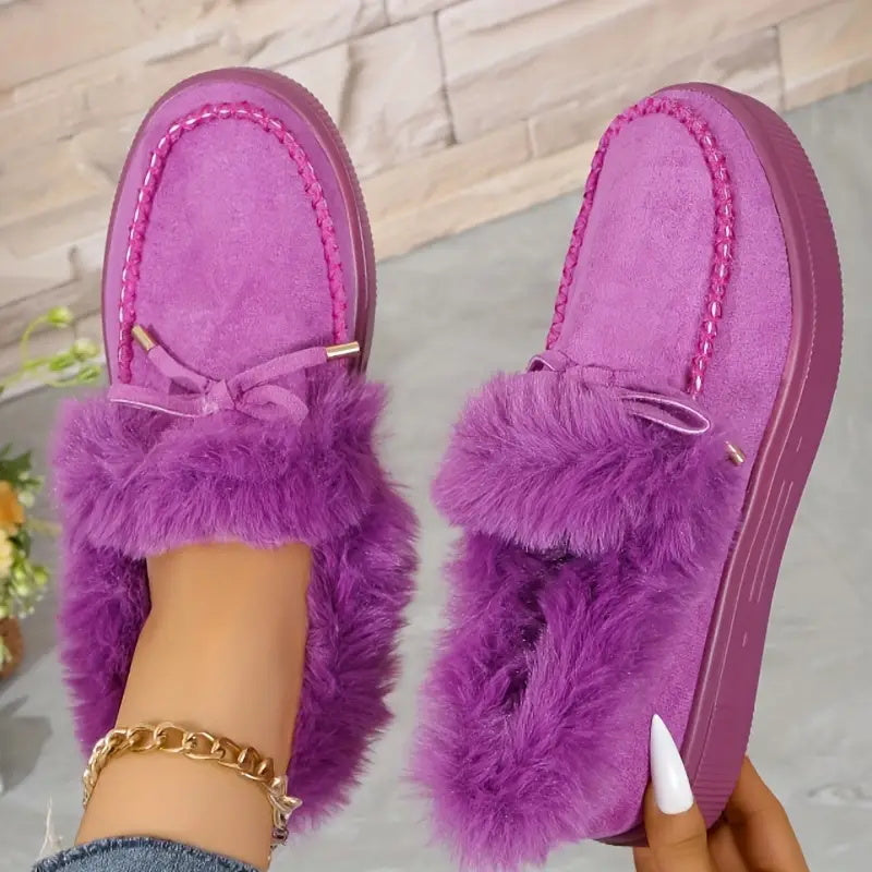 Bow Top Plush Faux Fur Loafers Slip-On Moccasin Soft Flat Outdoor House Shoes
