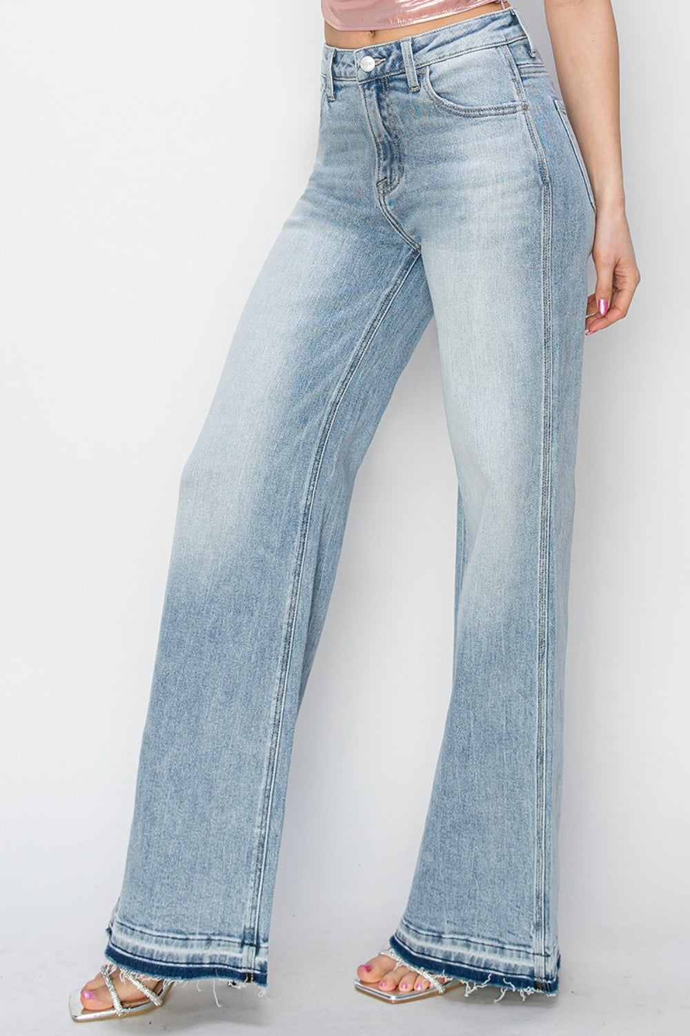 RISEN High-Rise Wide Leg Pants Distressed Contrasting Hem Boyfriend Jeans Denim