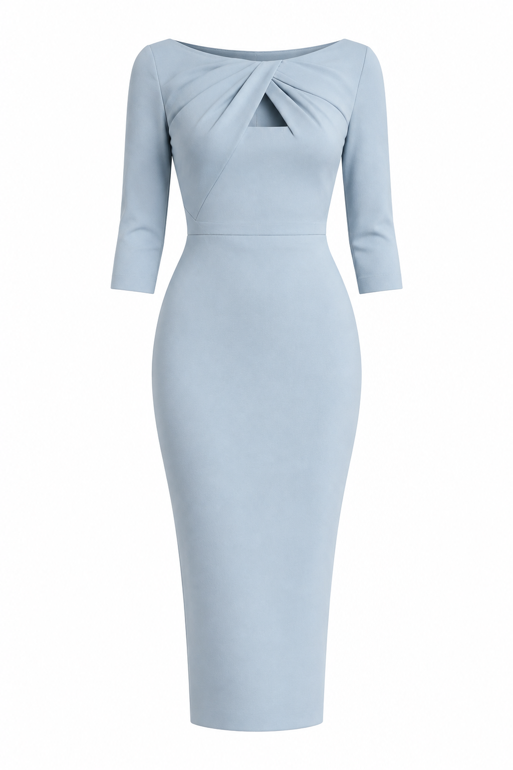 Twisted Front Cutout Wide Boat Neck Bodycon Midi Dress Three Quarter Sleeve
