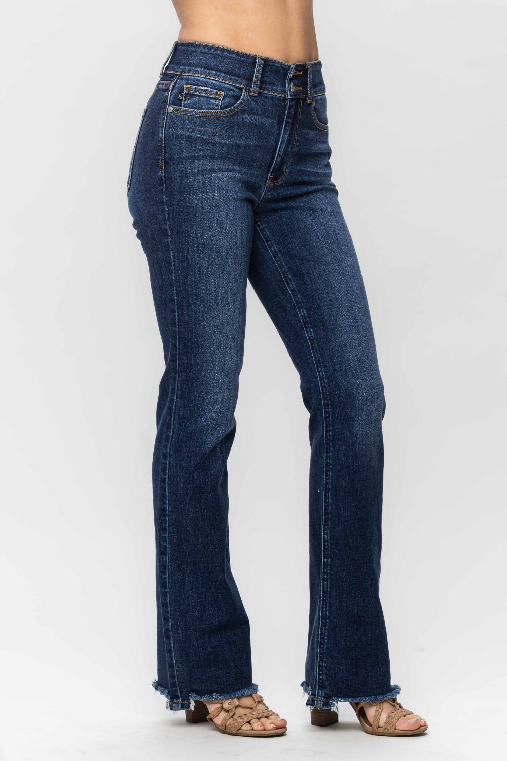 Judy Blue High-Rise Jeans Double Button Bootcut Distressed Torn Hem Denim Pants