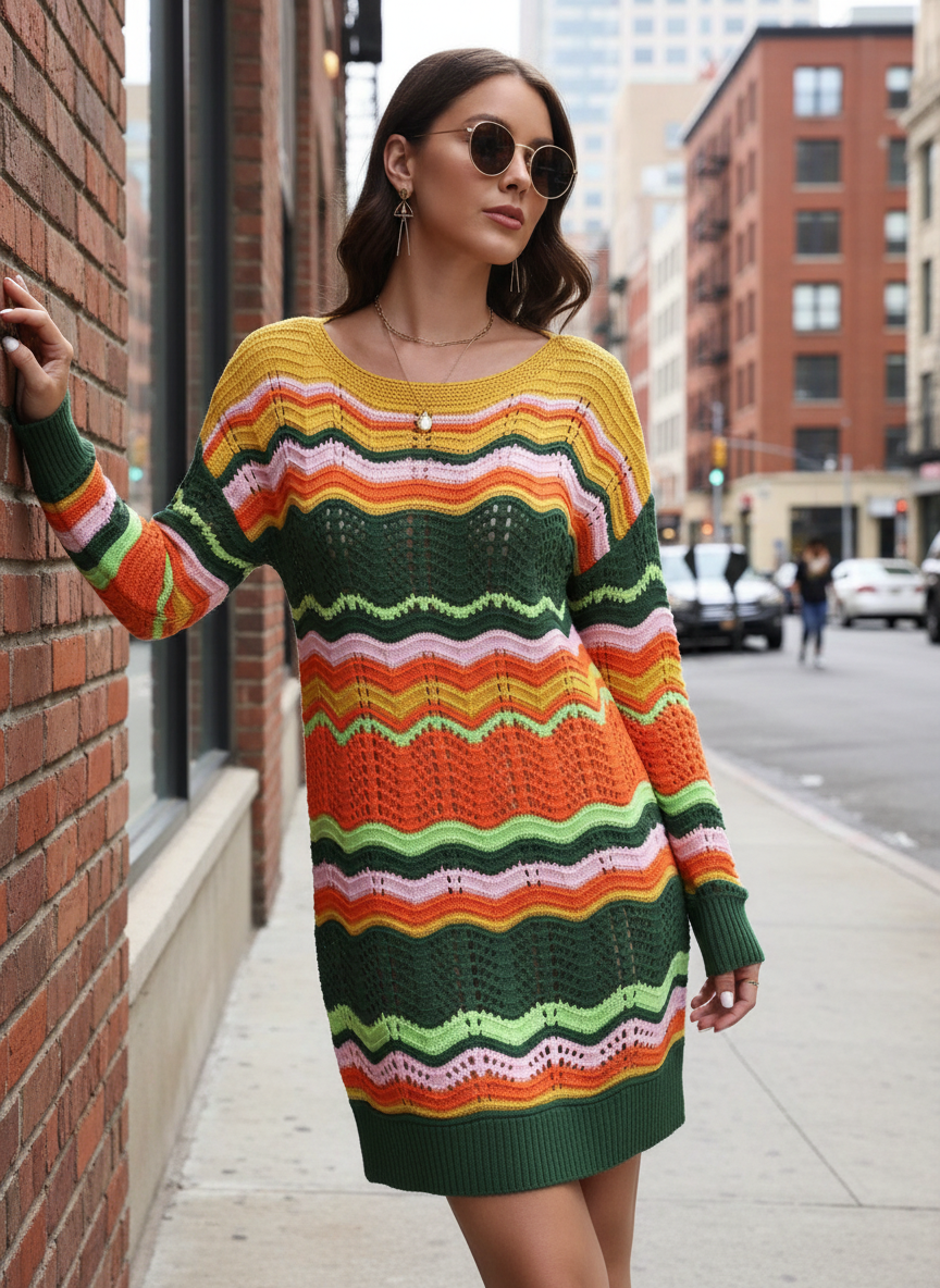 Retro 70s Revival Openwork Knit Long Sleeve Mini Sweater Dress Zigzag Stripe
