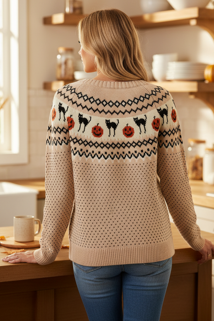 Black Cat Jack-O'-Lantern Pumpkin Fair Isle Halloween Top Crew Neck Knit Sweater