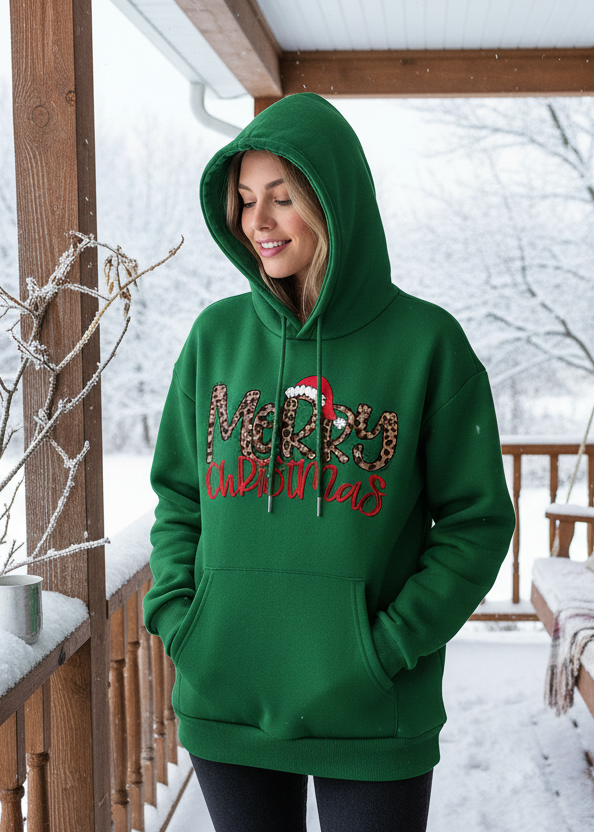 Leopard Print Merry Christmas Oversized Pullover Drawstring Hoodie Holiday Sweatshirt