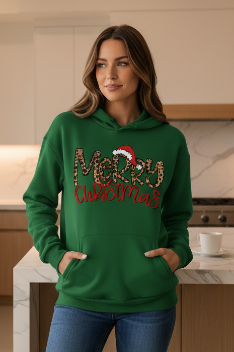 Leopard Print Merry Christmas Oversized Pullover Drawstring Hoodie Holiday Sweatshirt